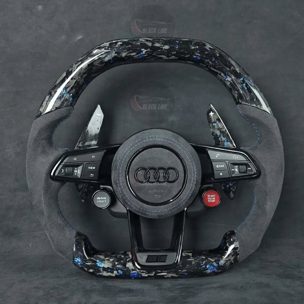 Volante Audi RS en Alcantara Negra con Fibra de Carbono Azul Levas y Multifunción