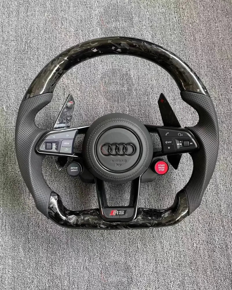 Volante Audi RS Deportivo en Carbono Forjado y Cuero Perforado | Levas de Carbono Mandos Multifunción Fondo Plano y