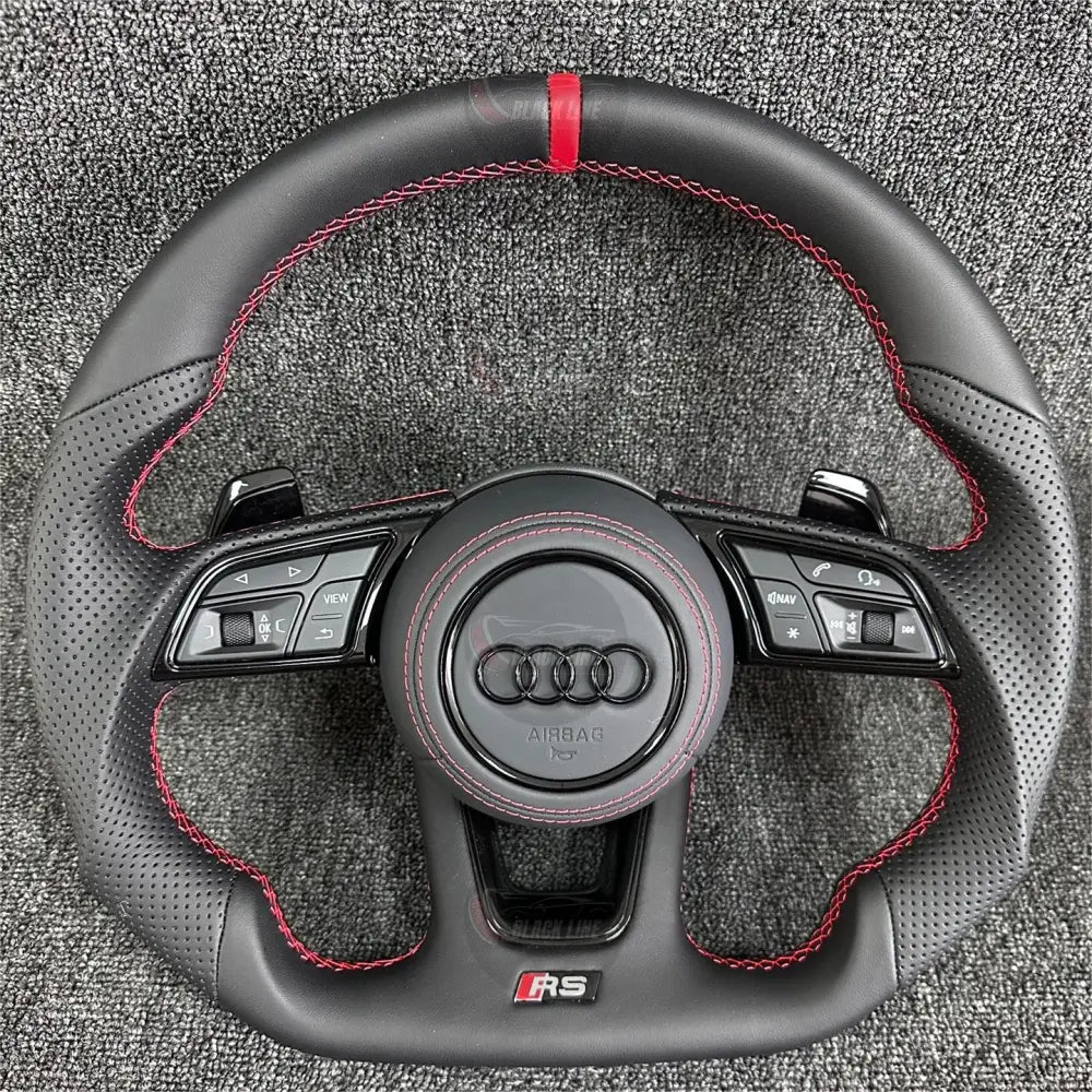Volante Audi RS Deportivo en Negro Perforado con Levas Multifunción y Costuras Rojas