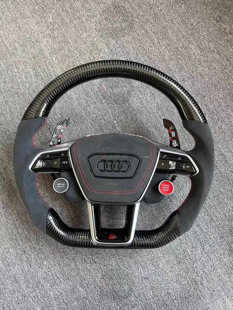 Volante Audi S Deportivo en Fibra de Carbono y Alcántara Negro | Costuras Rojas Levas Drive Select Start/Stop y Airbag