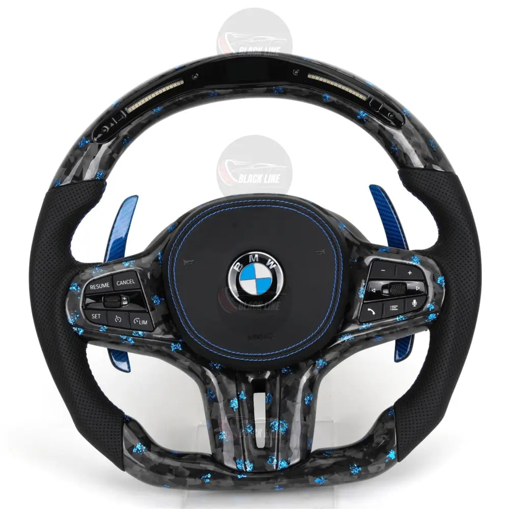 Volante BMW Deportivo en Carbono Forjado con Detalles Azules | Pantalla LED Levas de Carbono Azul Fondo Plano y Airbag