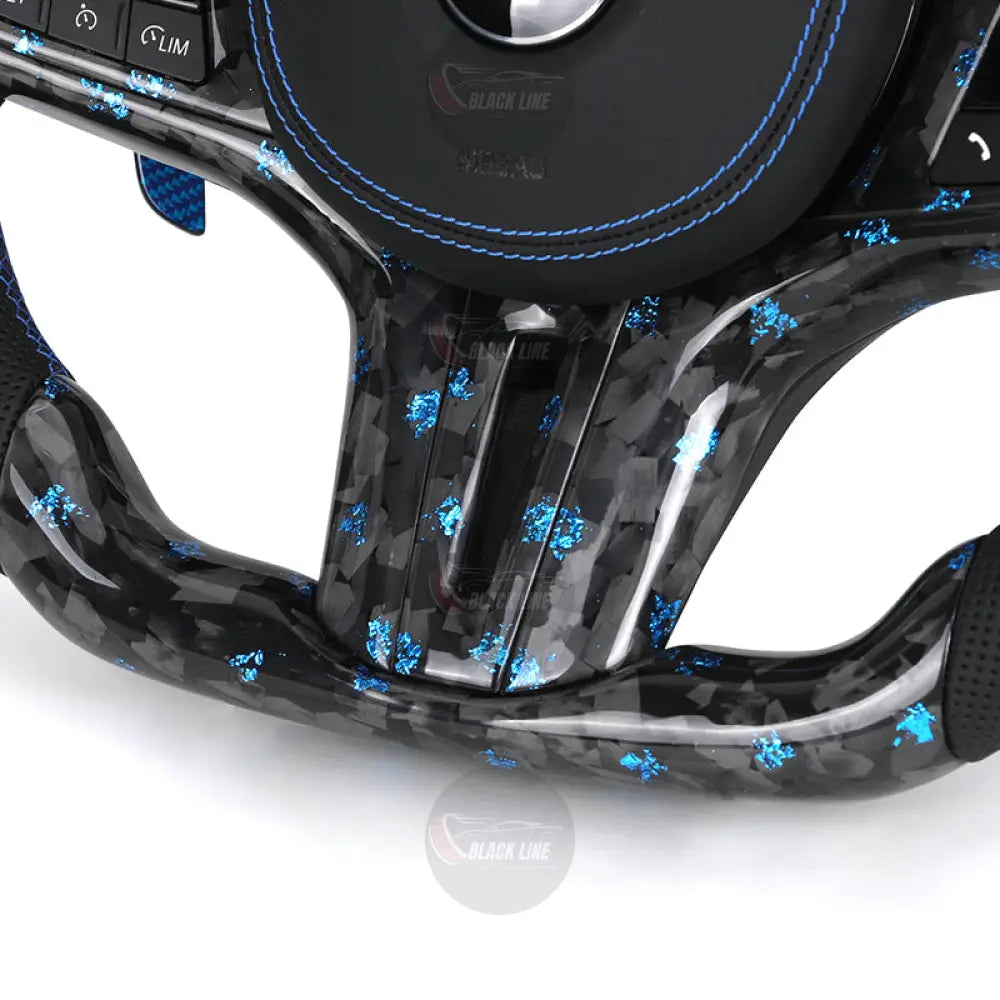 Volante BMW Deportivo en Carbono Forjado con Detalles Azules | Pantalla LED Levas de Carbono Azul Fondo Plano y Airbag