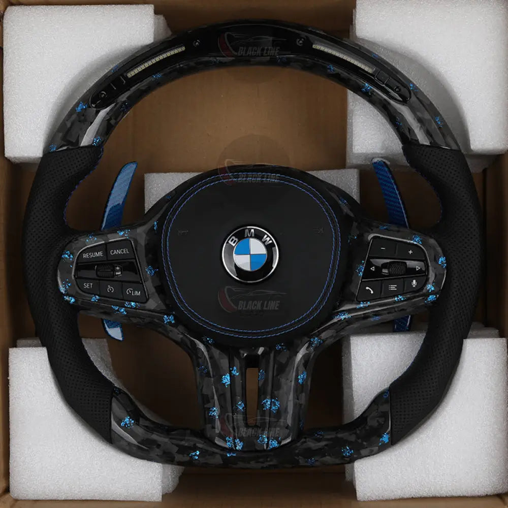 Volante BMW Deportivo en Carbono Forjado con Detalles Azules | Pantalla LED Levas de Carbono Azul Fondo Plano y Airbag