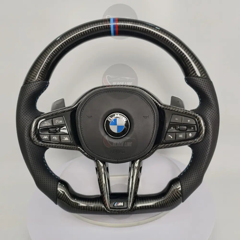 Volante BMW M de Carbono y Cuero Perforado | Base Plana Levas de Cambio Mandos Multifunción y Airbag