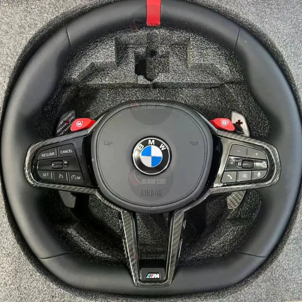 Volante BMW M Performance en Cuero Negro y Fibra de Carbono con M1/M2 Levas y Marcador Rojo