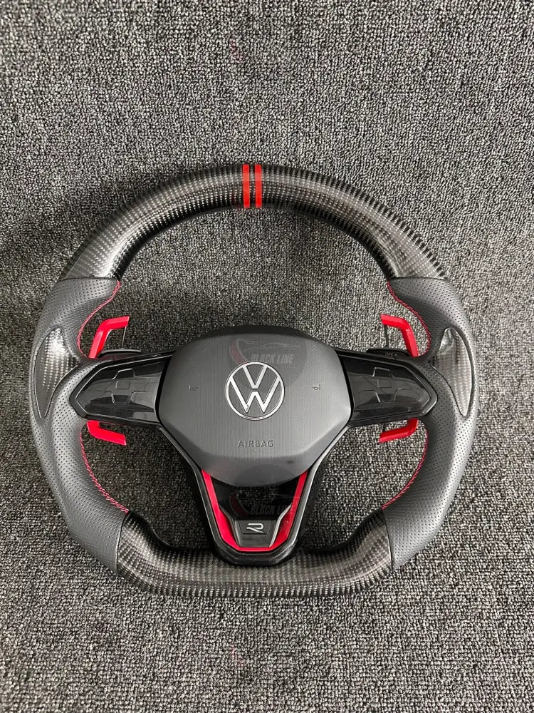 Volante Deportivo Volkswagen R de Carbono y Cuero Perforado con Costura Roja Levas Ampliadas y Airbag Incluido