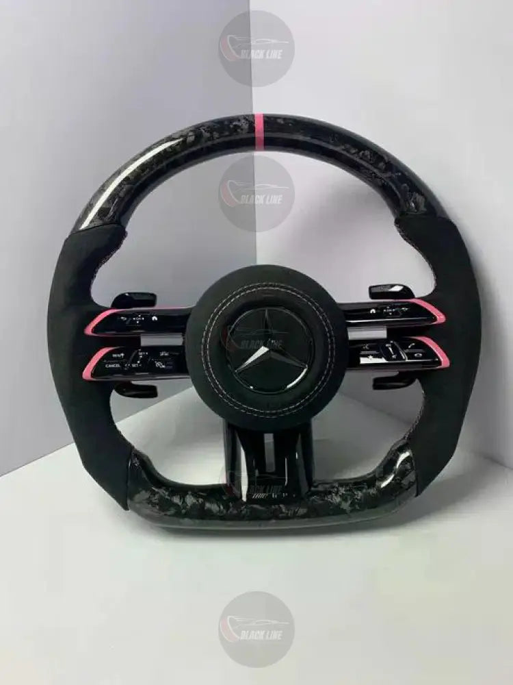 Volante Mercedes-AMG Personalizado en Carbono Forjado Alcantara y Detalles Rosas con Airbag Incluido