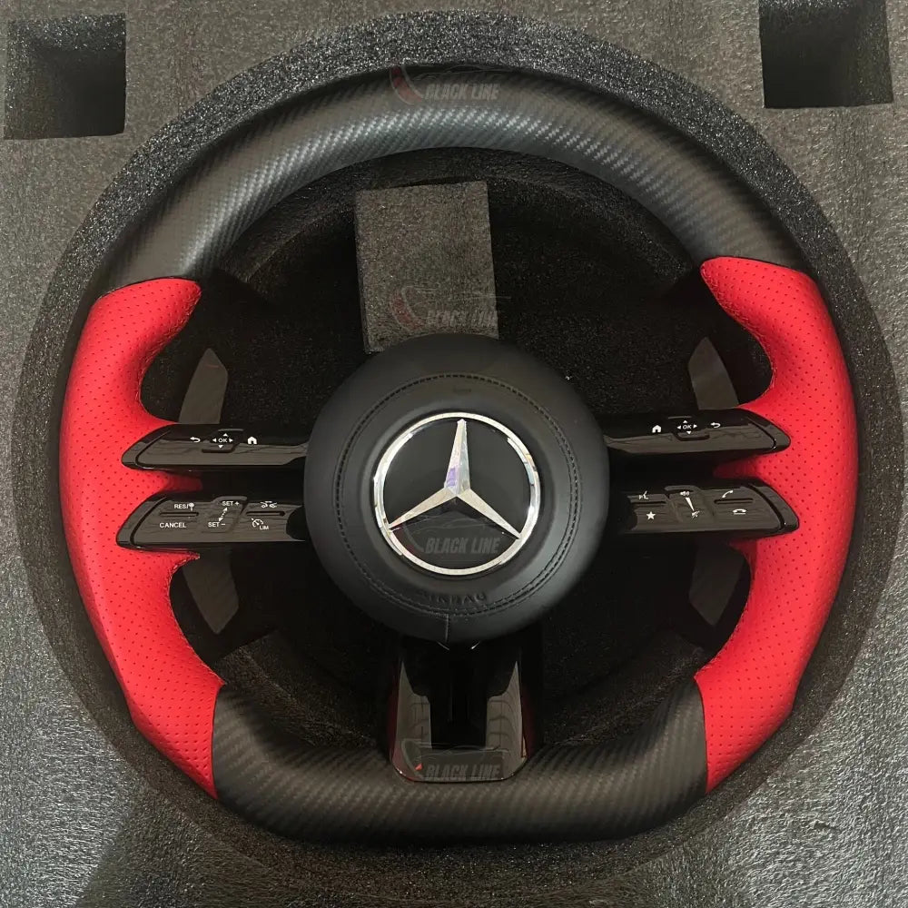 Volante Mercedes-AMG Deportivo en Fibra de Carbono y Cuero Rojo Perforado | Levas Multifunción Fondo Plano y Airbag