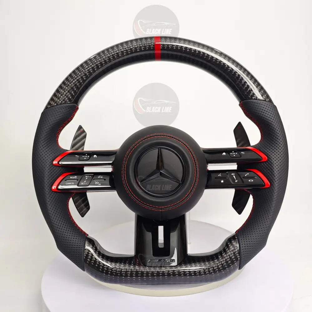 Volante Mercedes-AMG Performance de Fibra de Carbono Cuero Perforado Costura Roja Levas y Mandos Multifunción