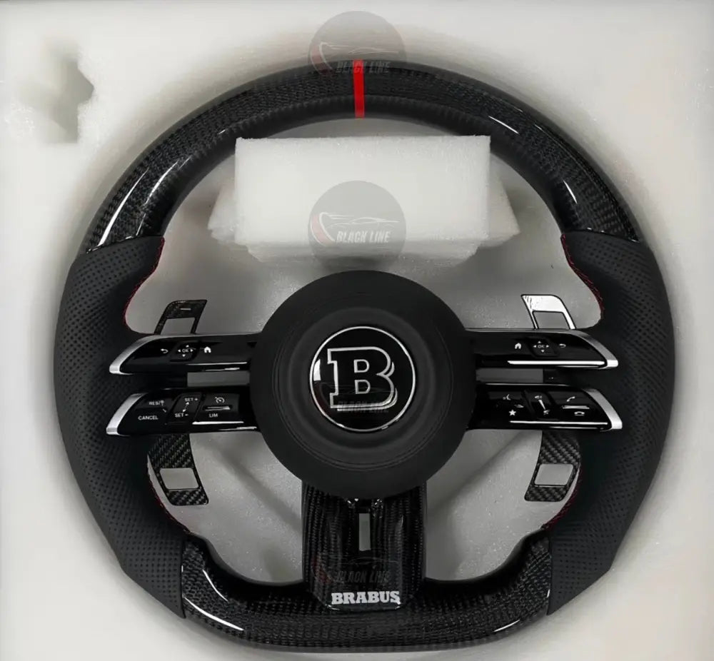 Volante Mercedes-BRABUS Deportivo en Fibra de Carbono y Cuero Perforado | Fondo Plano Cuatro Levas Multifunción y Airbag