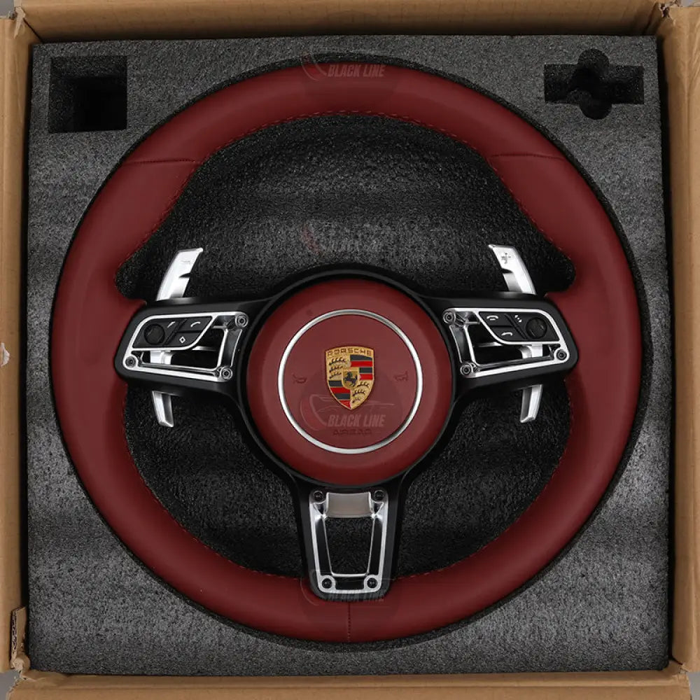 Volante Porsche Deportivo | Cuero Rojo Burdeos Cromado y Levas