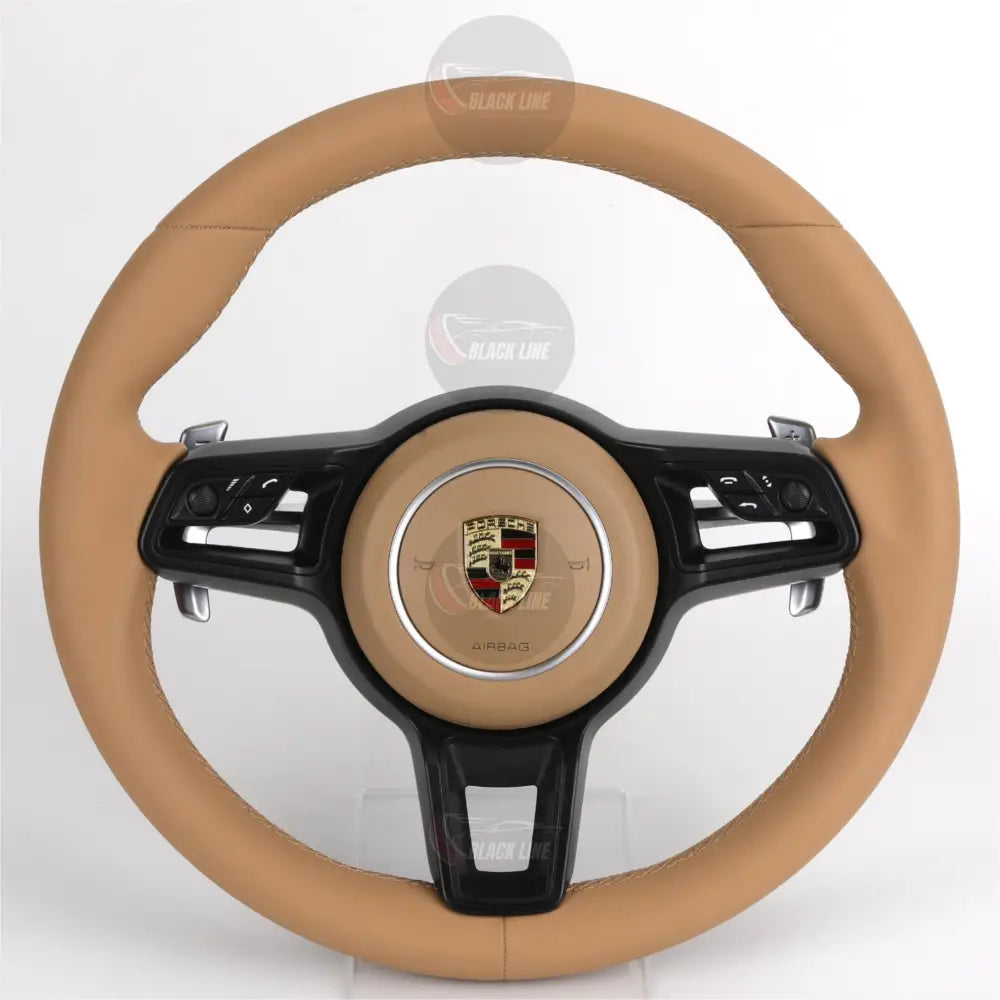 Volante Porsche Deportivo en Piel Color Beige | Levas de Cambio Mandos Multifunción Aro Redondo y Airbag