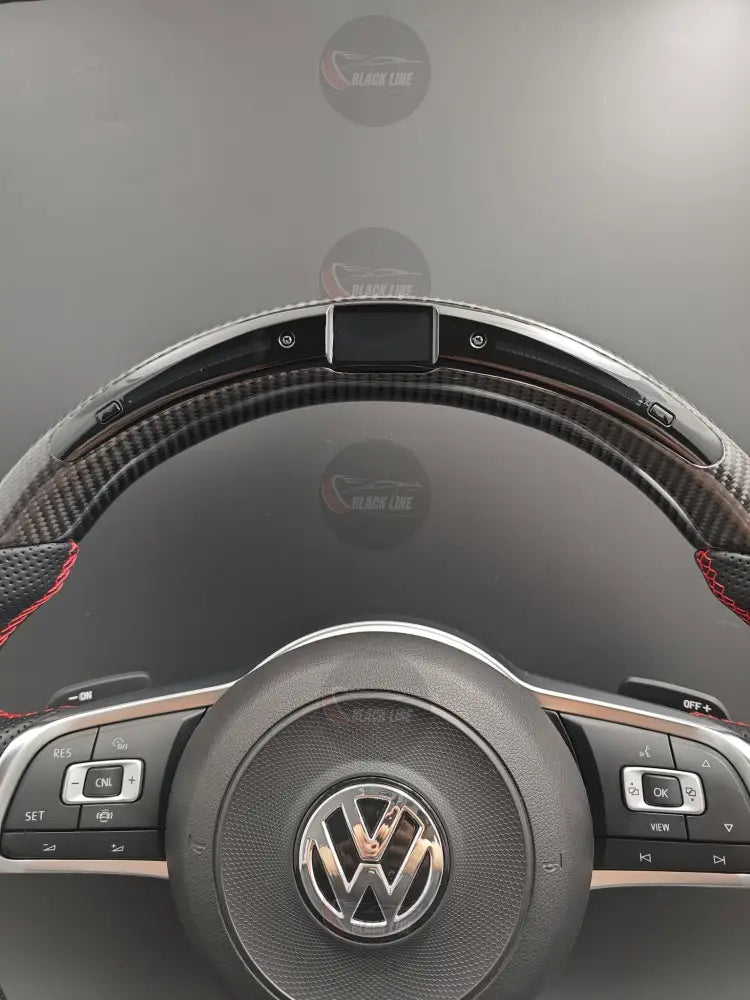 Volante Volkswagen GTI en Fibra de Carbono y Cuero Perforado con Levas Multifunción y Costuras Rojas