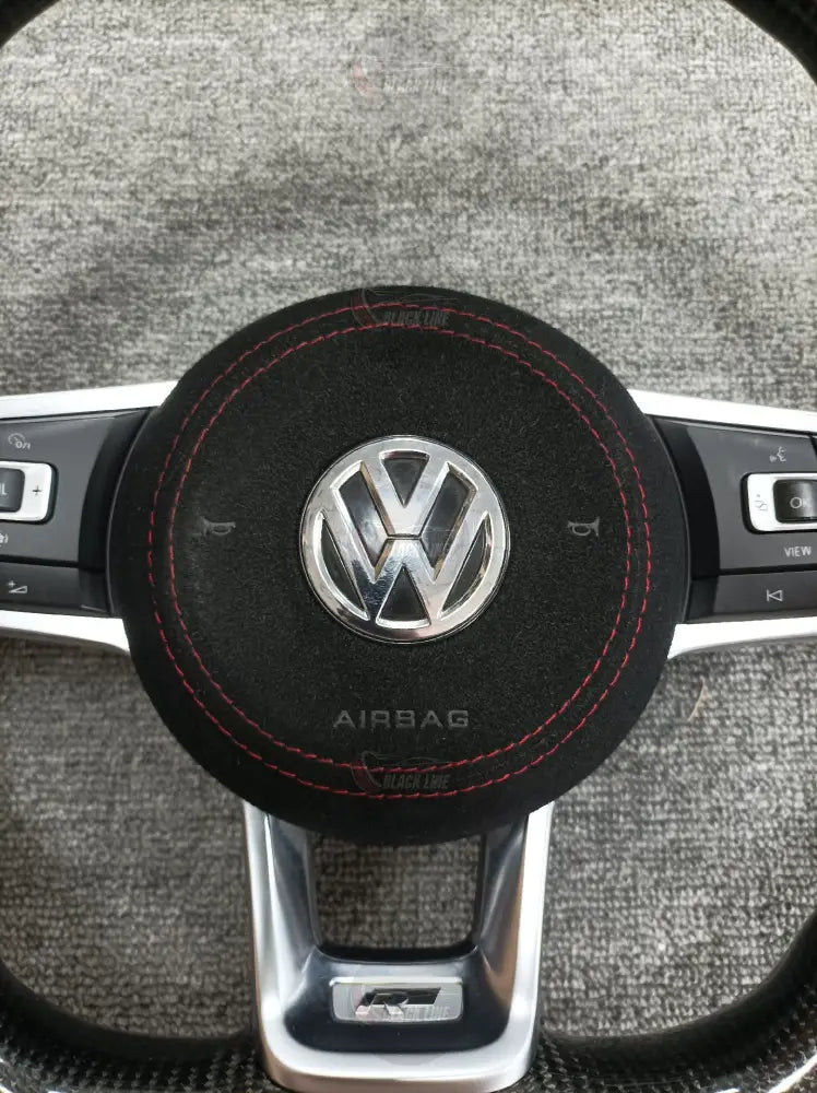 Volante Volkswagen R de Carbono y Alcántara | Doble Achatado Costuras Rojas Mandos Multifunción y Airbag