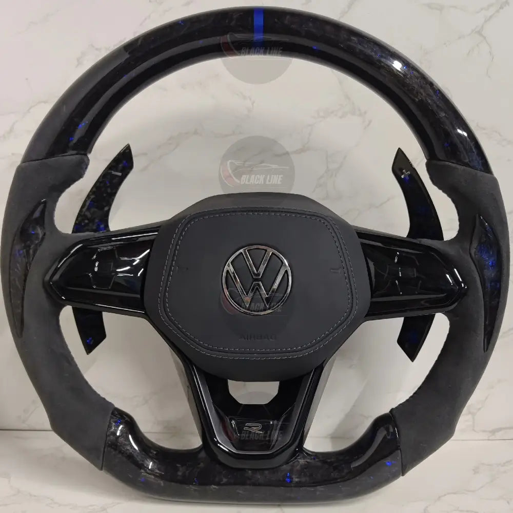Volante Volkswagen R Deportivo en Carbono Forjado con Detalles Azules y Alcántara Gris | Levas de Carbono Mandos