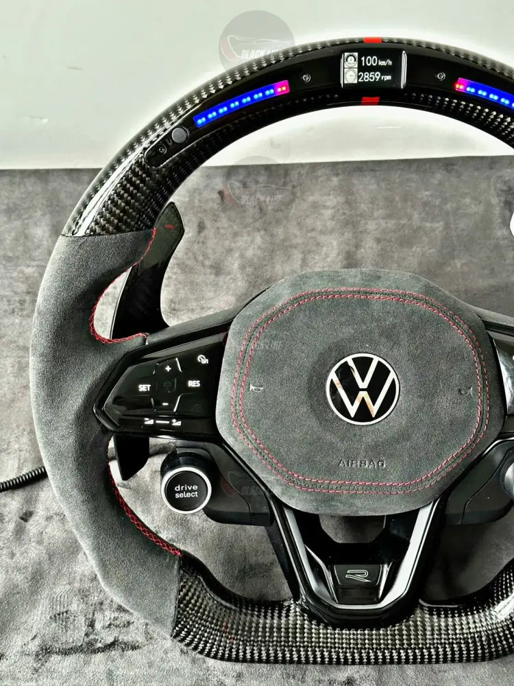 Volante Volkswagen R Deportivo en Carbono y Alcántara Gris con Pantalla LED | Levas de Carbono Mandos Táctiles Drive