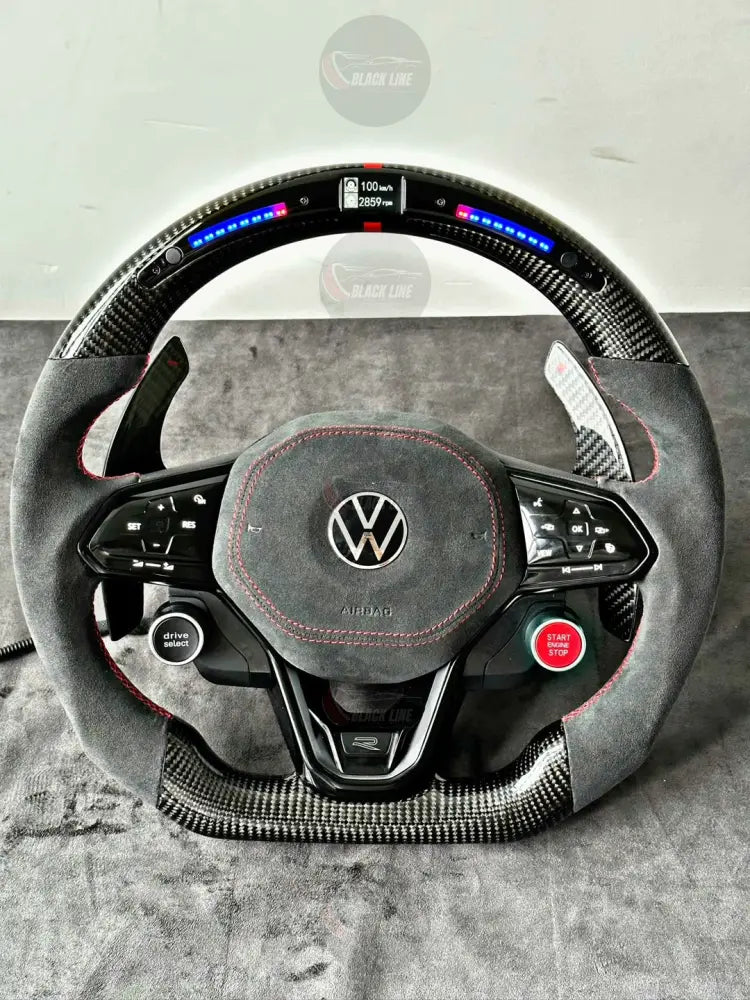 Volante Volkswagen R Deportivo en Carbono y Alcántara Gris con Pantalla LED | Levas de Carbono Mandos Táctiles Drive