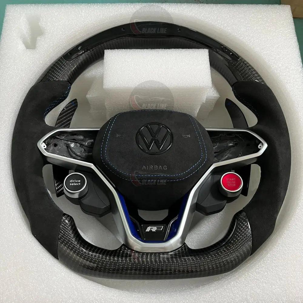 Volante Volkswagen R Deportivo en Fibra de Carbono y Alcántara | Display LED Levas de Carbono Drive Select Start Engine