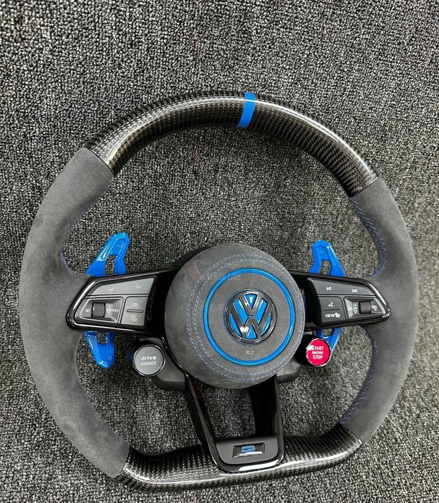 Volante Volkswagen R Deportivo en Fibra de Carbono y Alcántara Gris | Levas Azules Drive Select Start Engine Stop