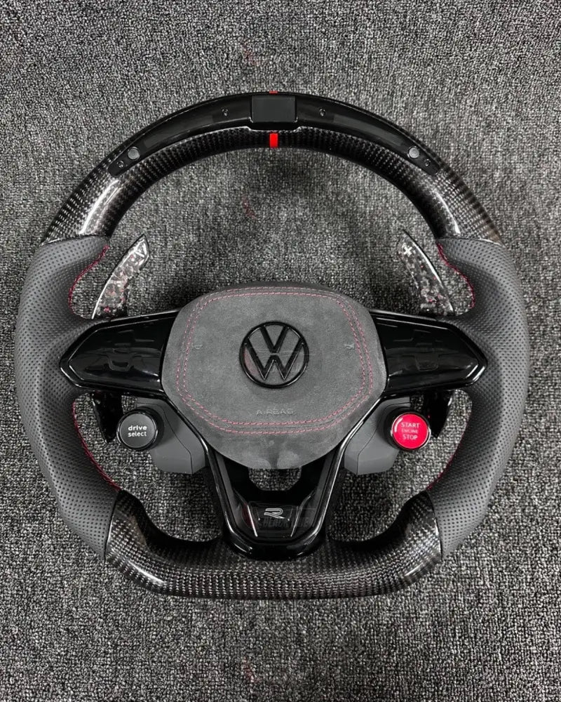 Volante Volkswagen R Deportivo en Fibra de Carbono y Cuero Gris Perforado | Display LED Levas de Carbono Drive Select