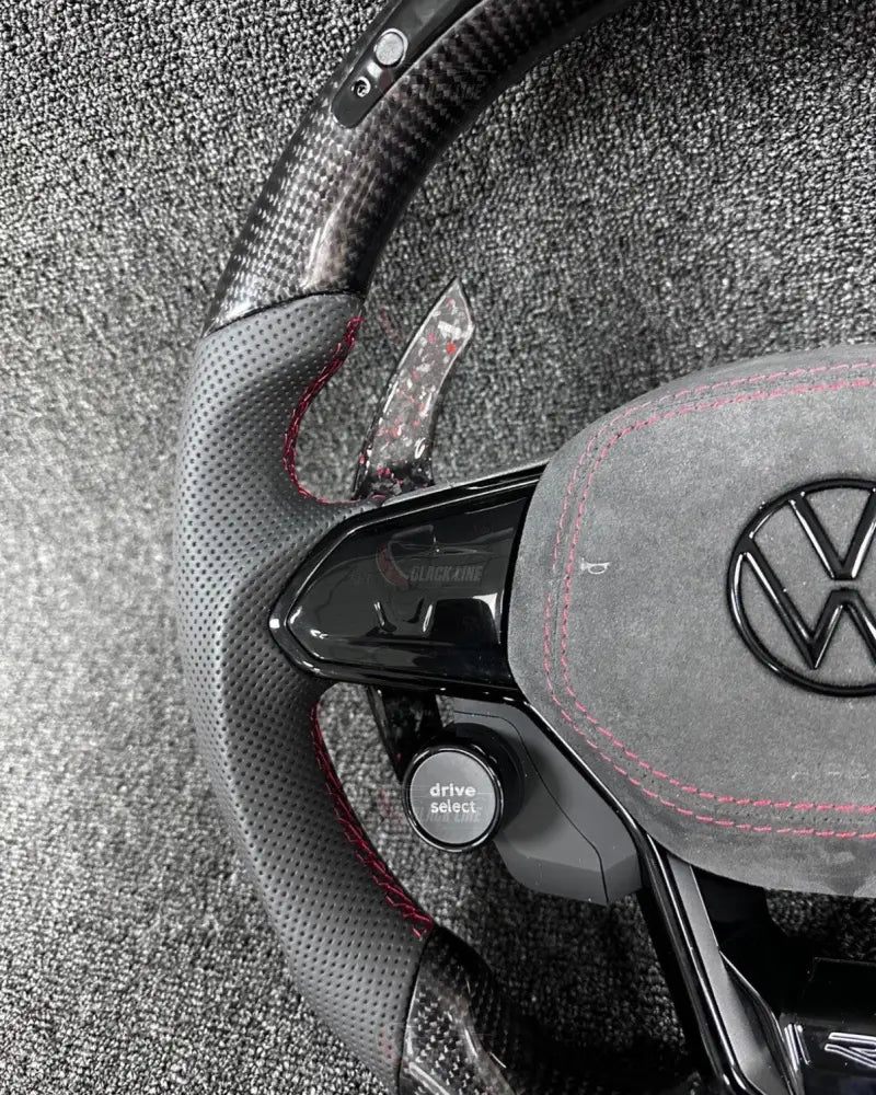 Volante Volkswagen R Deportivo en Fibra de Carbono y Cuero Gris Perforado | Display LED Levas de Carbono Drive Select