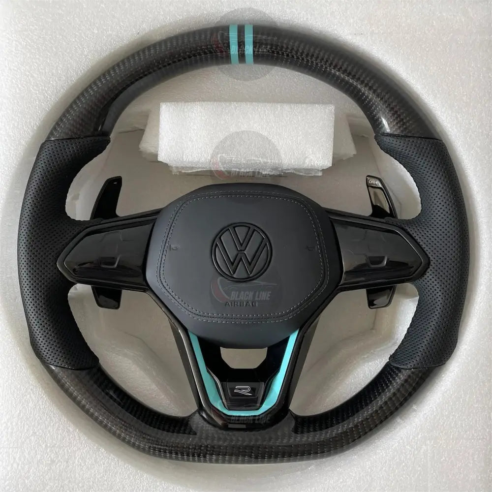 Volante Volkswagen R Deportivo en Fibra de Carbono y Cuero Perforado | Detalles Turquesa Levas Mandos Táctiles