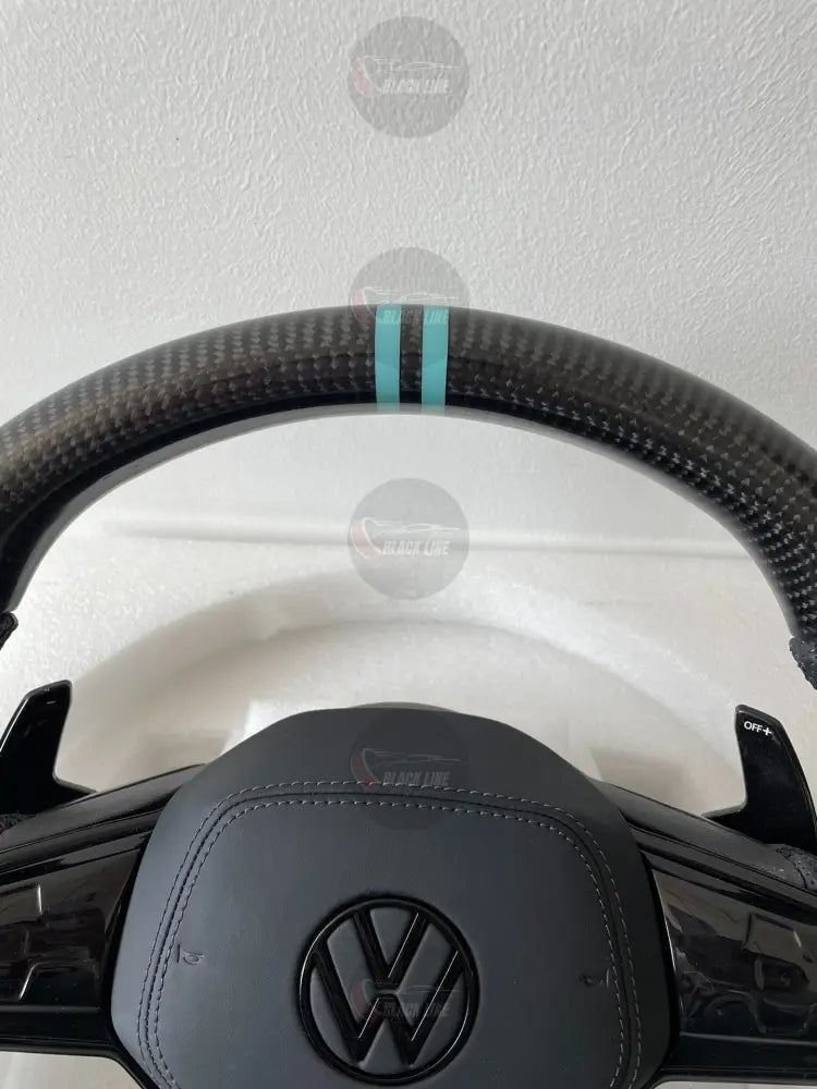 Volante Volkswagen R Deportivo en Fibra de Carbono y Cuero Perforado | Detalles Turquesa Levas Mandos Táctiles