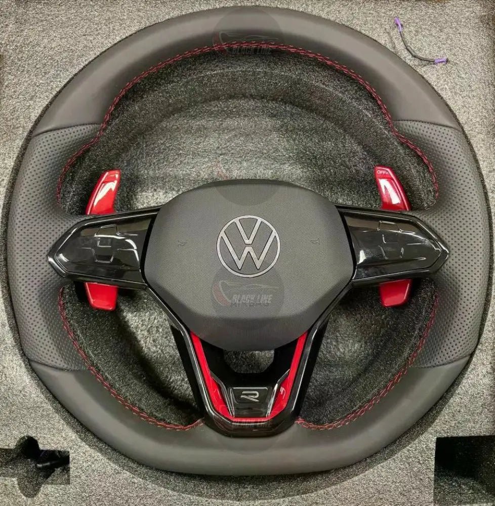 Volante Volkswagen R Performance en Negro Perforado con Levas Rojas Costuras Rojas y Multifunción
